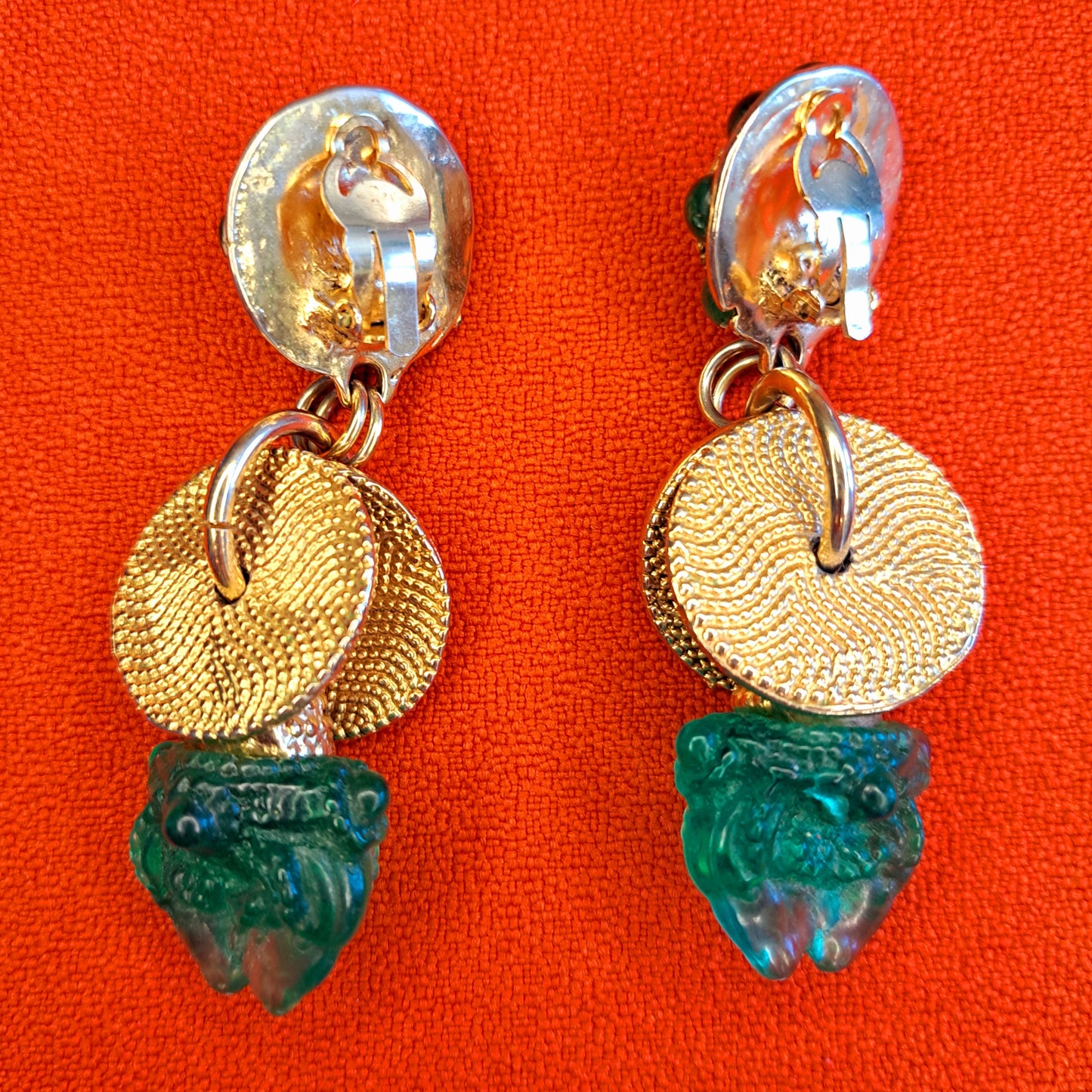 Boucles d'Oreilles Clip de Créateur Dorées & Vert