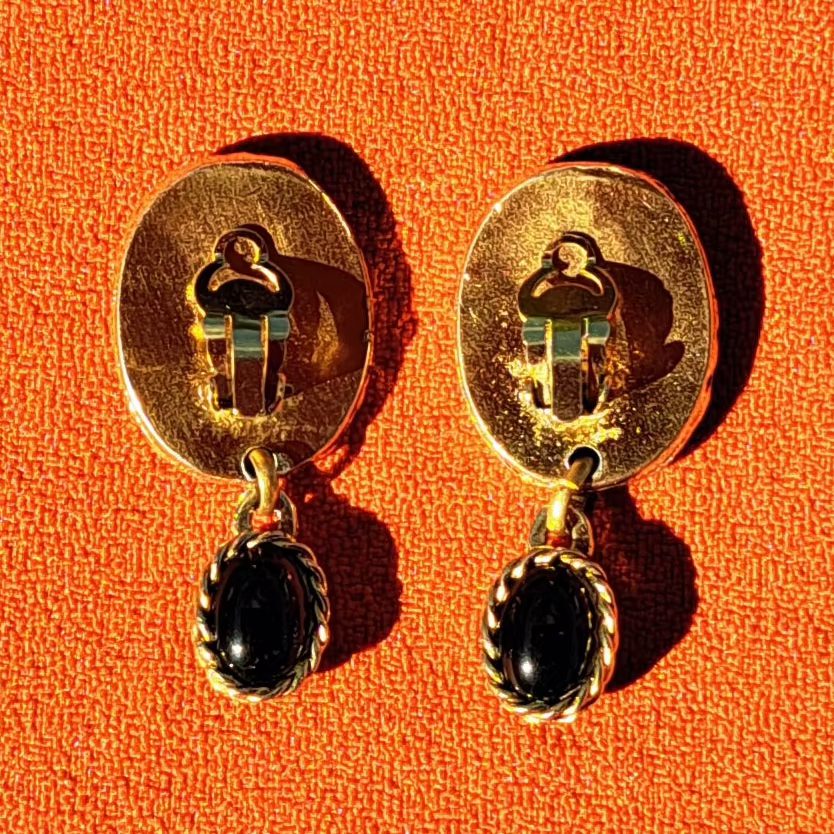 Clips Pendants Vintage Doré & Cabochons Noirs Année 80-90
