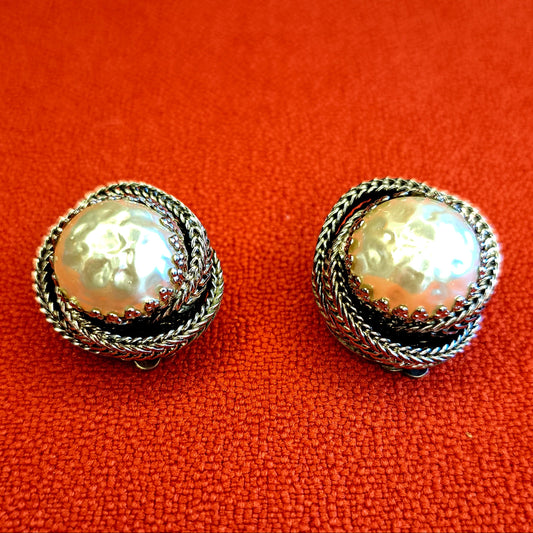 Clips d'Oreilles Perles et Métal Tressé Argenté