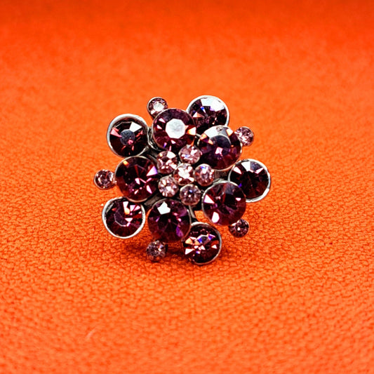 Bague Vintage Fleur Strass Pourpre Ajustable Années 50 / 70