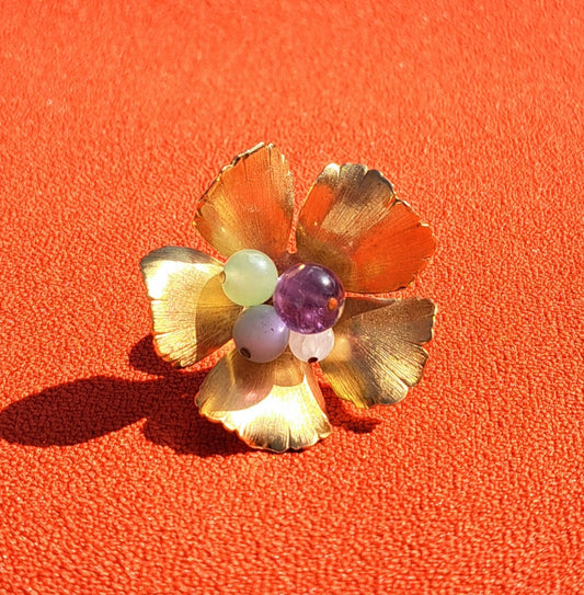 Bague Fleur Signée, Plaqué Or & Pierres Naturelles