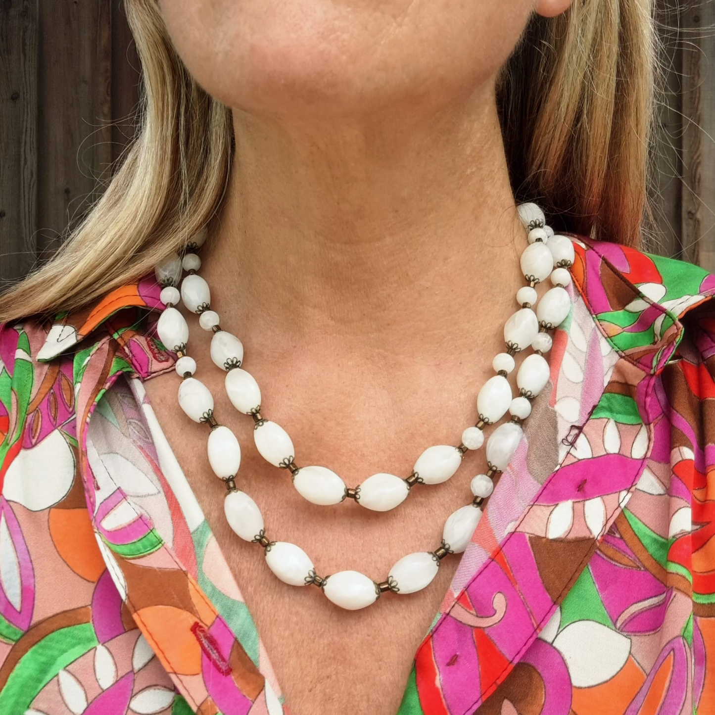 Collier Vintage Double Rang Perles Blanches & Doré Années 60/70