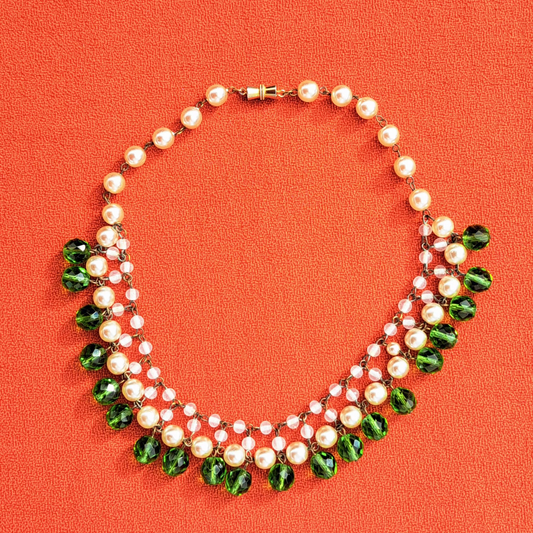 Ras de Cou Vintage Perles et Pendentifs en Verre Vert