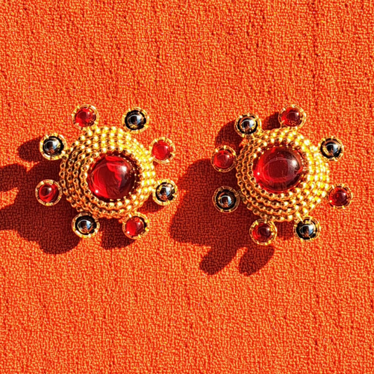 Clips d'oreilles Vintage Strass et Cabochon Rouge