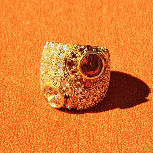 Bague "925" Dorée Pavage de Cristaux et Pierres Rouge et Orange