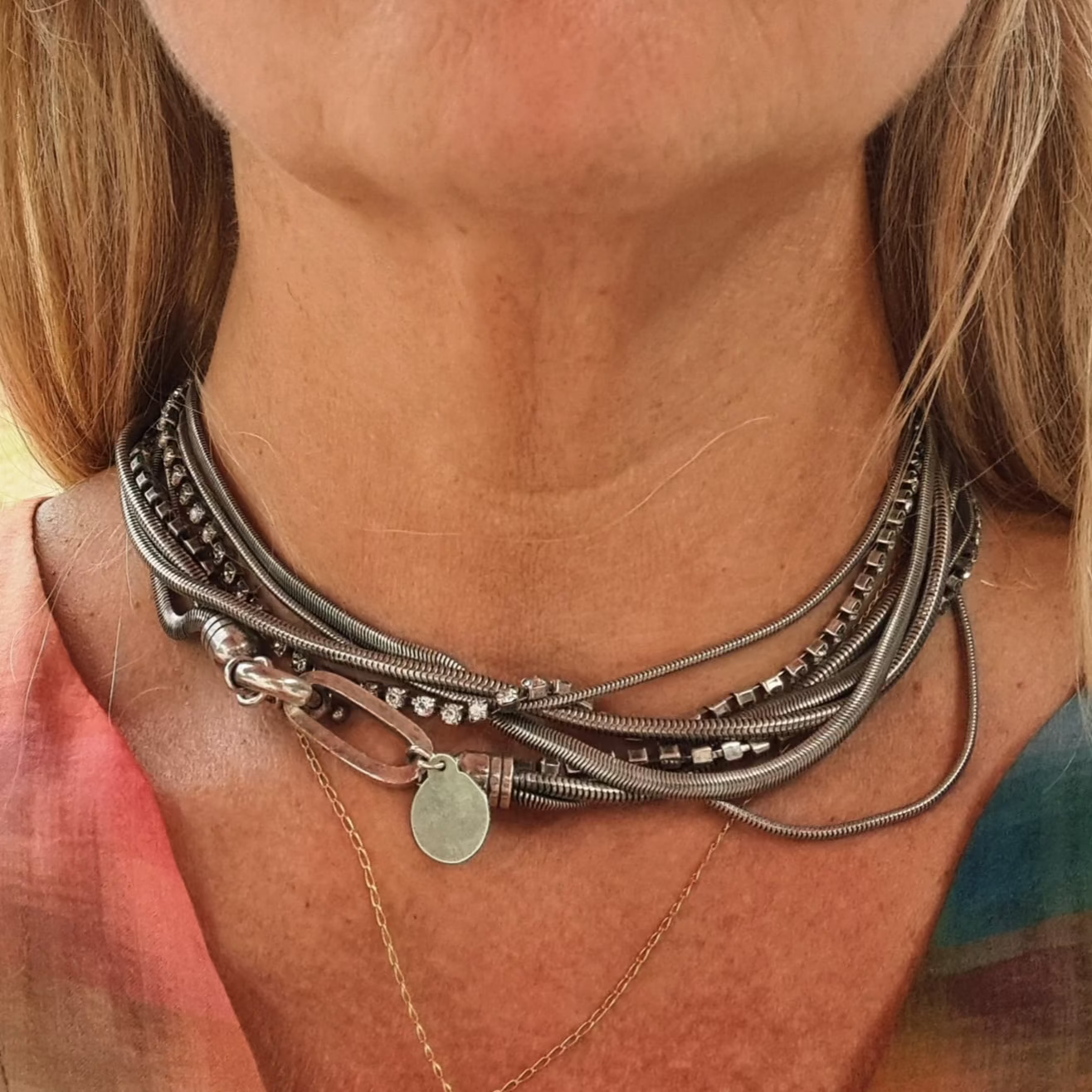 Sautoir GAS Multi Rangs Argenté et Cristaux