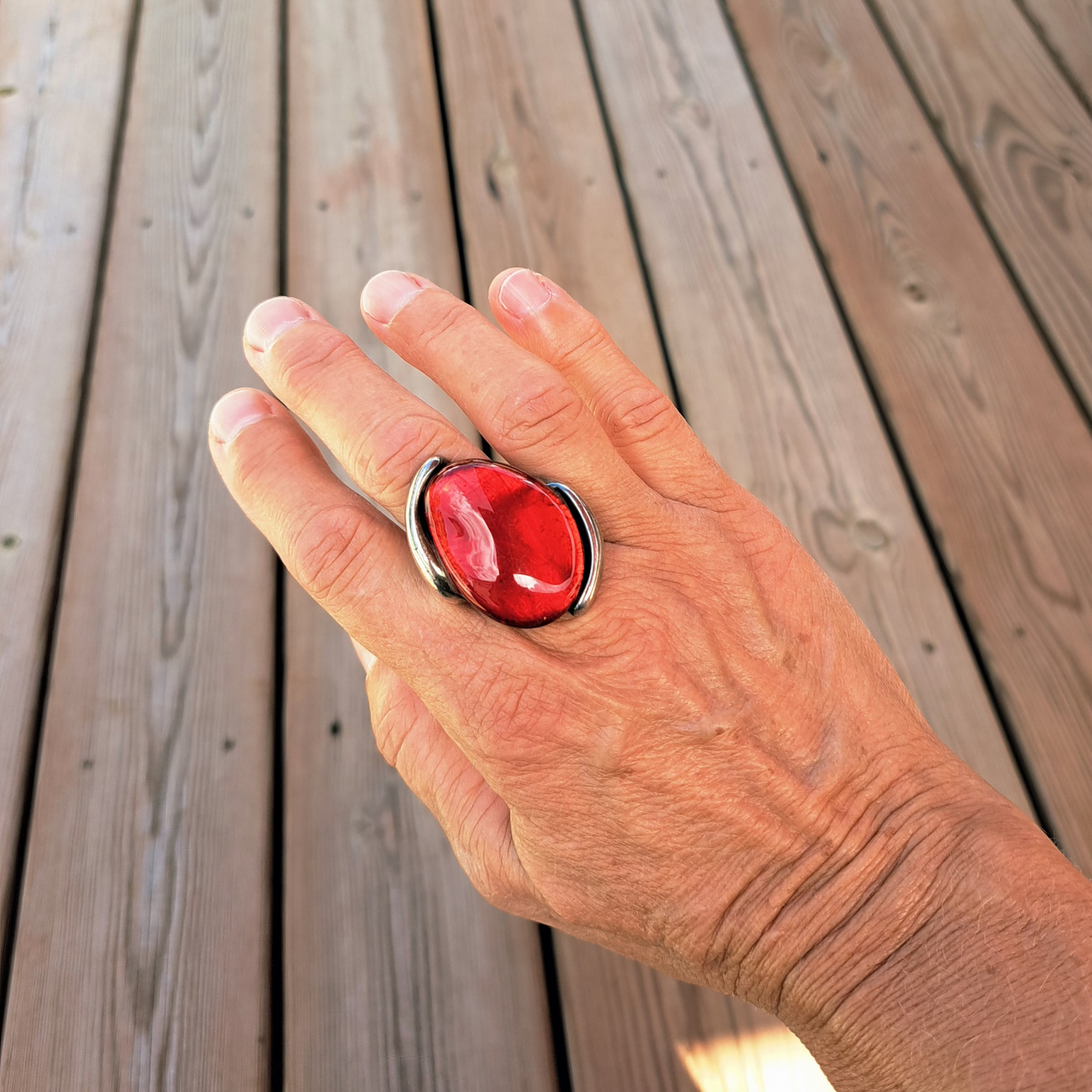 Bague de Créateur Vintage CICLON en Métal Argenté & Verre de Murano