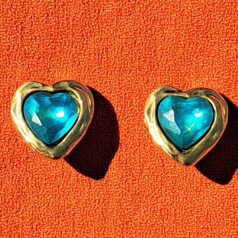 Clips d’Oreilles Cabochon Bleu & Doré Sculptural Années 90