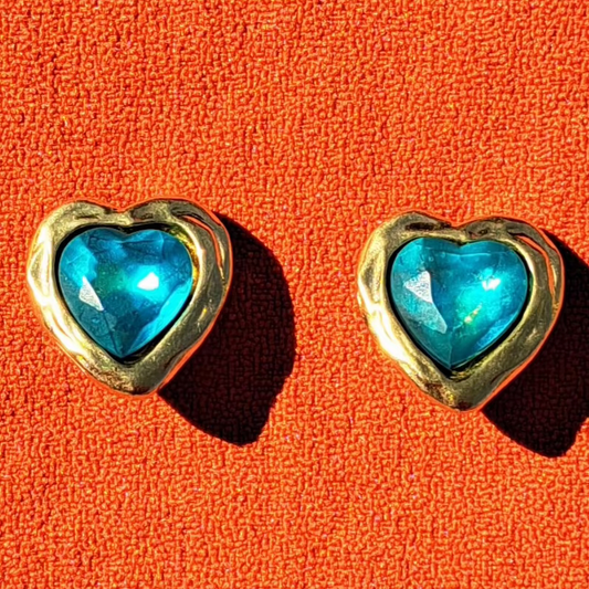 Clips d’Oreilles Cabochon Bleu & Doré Sculptural Années 90