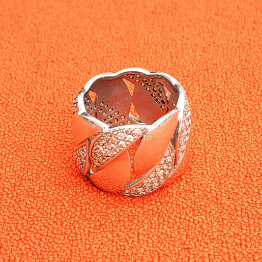 Bague Large Feuille en Argent 925 et Strass Années 1990-2000