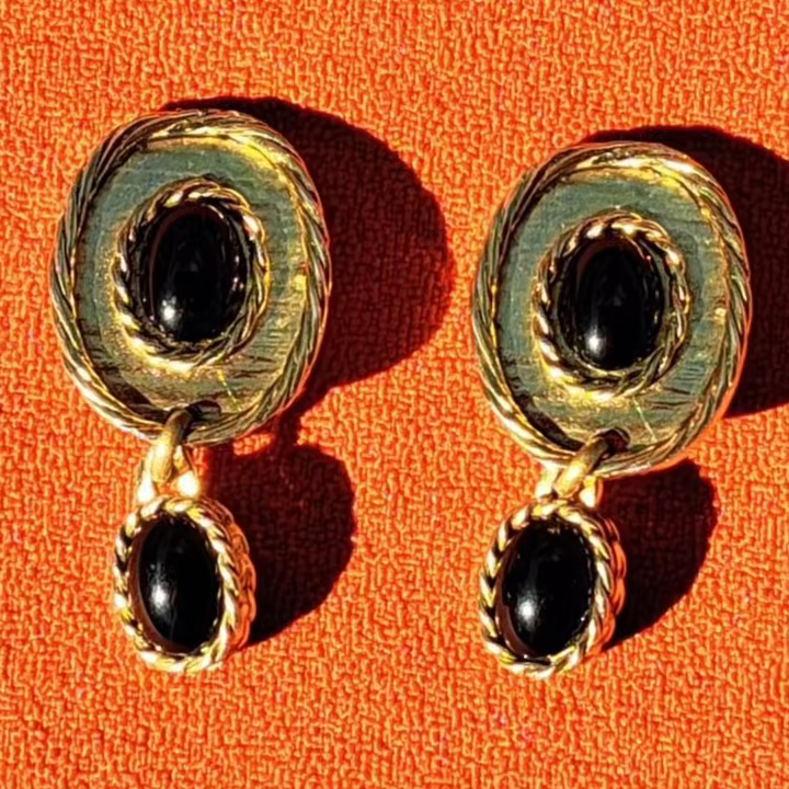 Clips Pendants Vintage Doré & Cabochons Noirs Année 80-90