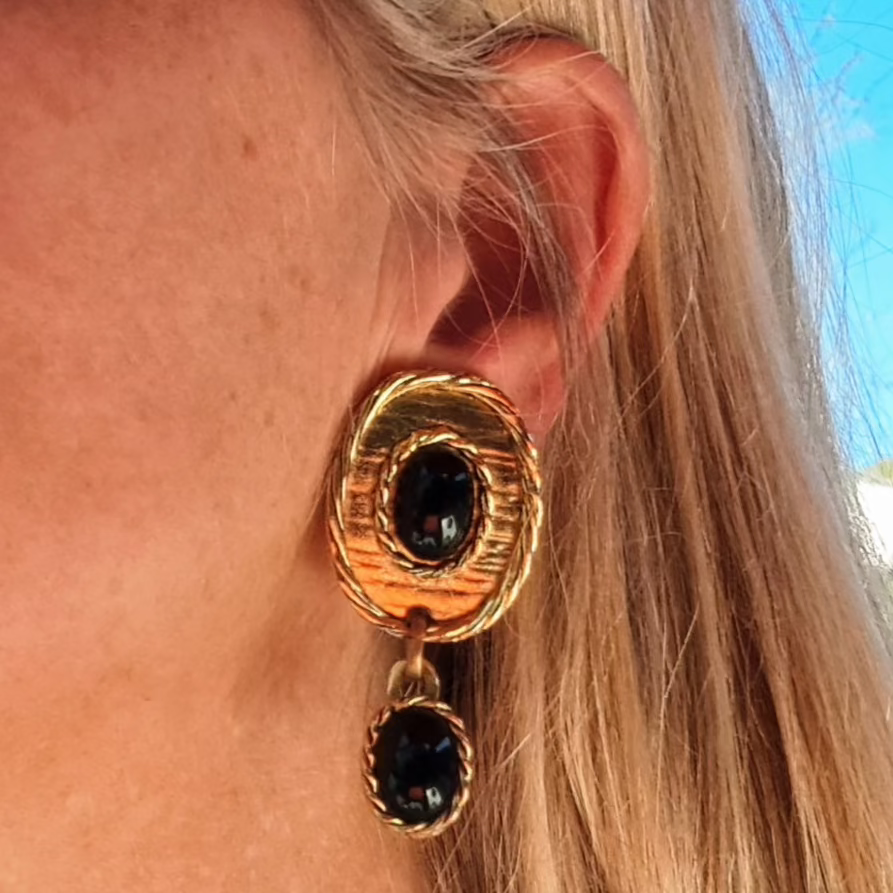 Clips Pendants Vintage Doré & Cabochons Noirs Année 80-90