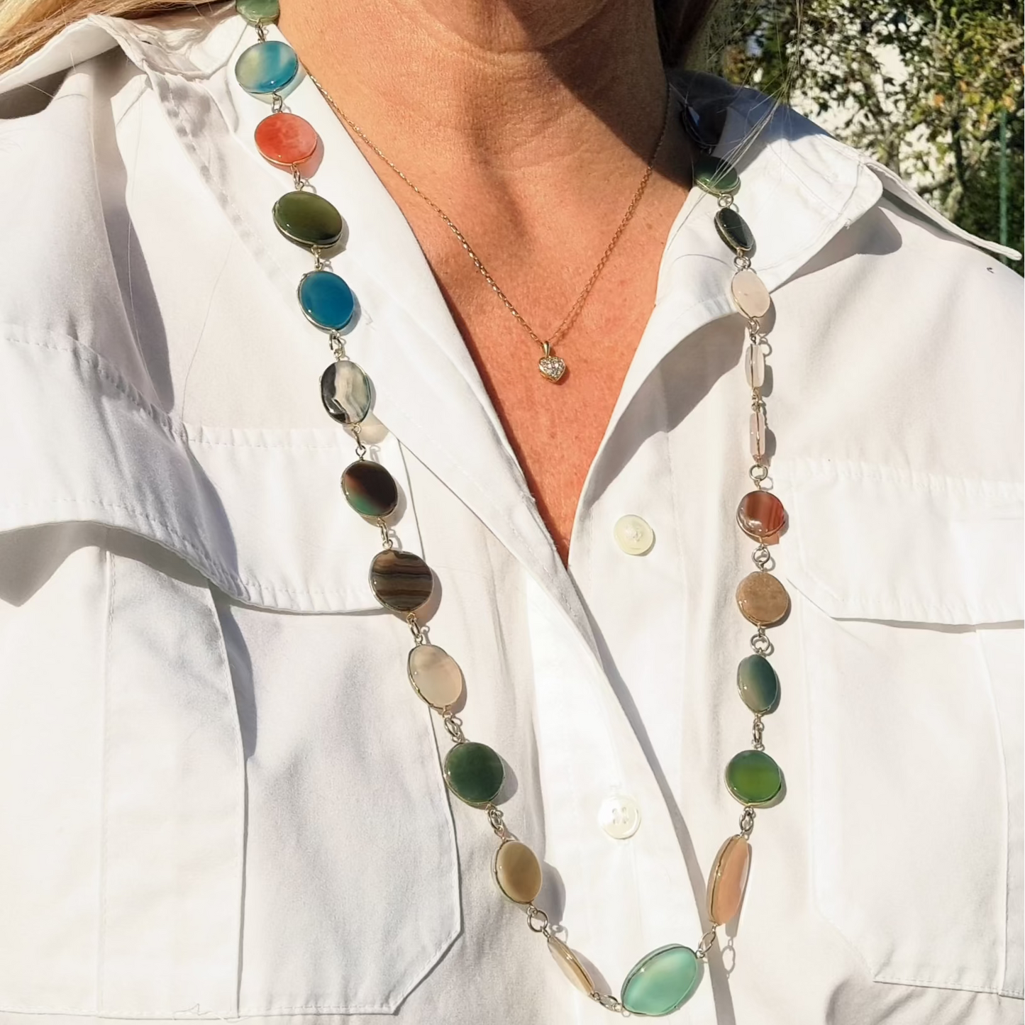 Collier Sautoir Pierres Naturelles Polies Années 70-80