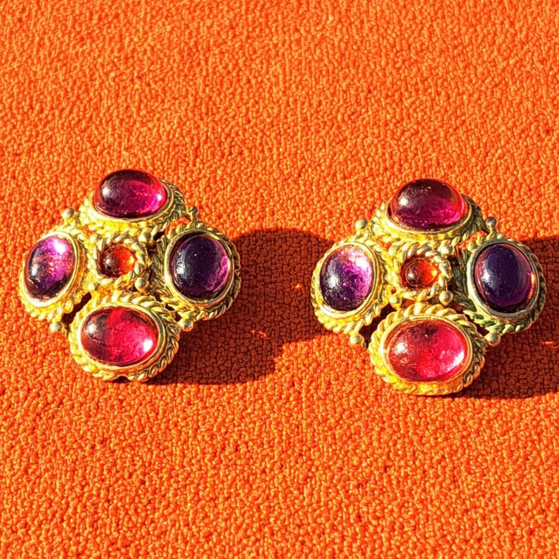 Clips d'Oreilles Cabochons Violets et Rouges Intenses Années 80-90