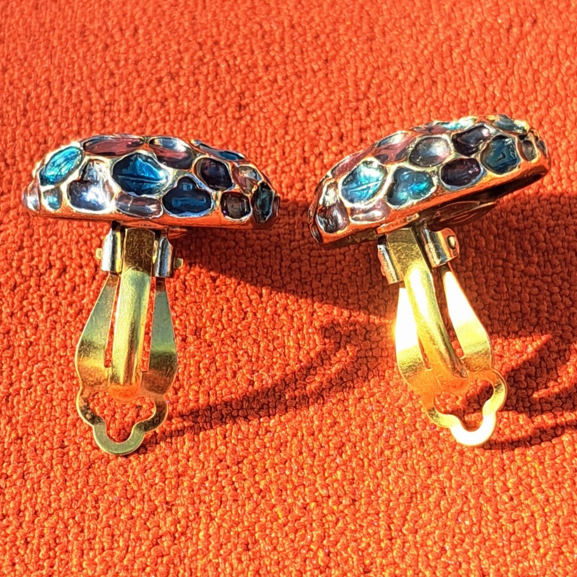 Clips Vintage Alvéoles Vénitiennes  Émail Turquoise & Or Années 60-70