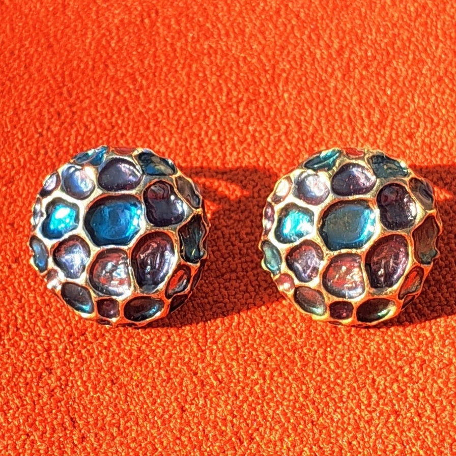 Clips Vintage Alvéoles Vénitiennes  Émail Turquoise & Or Années 60-70