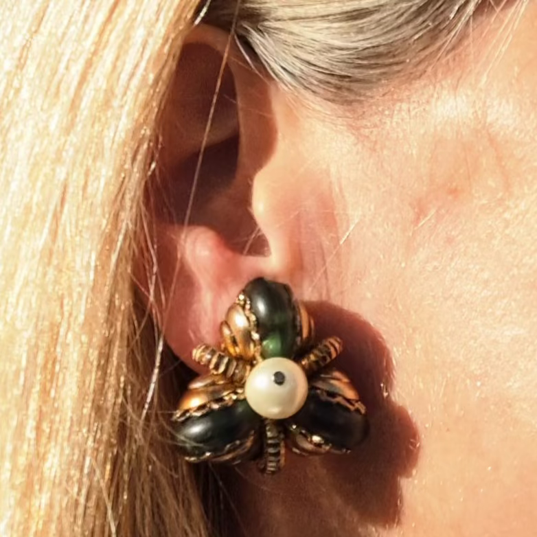 Clips d’Oreilles Vert Jade & Perle Nacrée Années 80-90