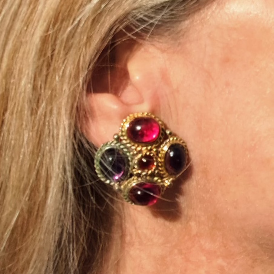 Clips d'Oreilles Cabochons Violets et Rouges Intenses Années 80-90