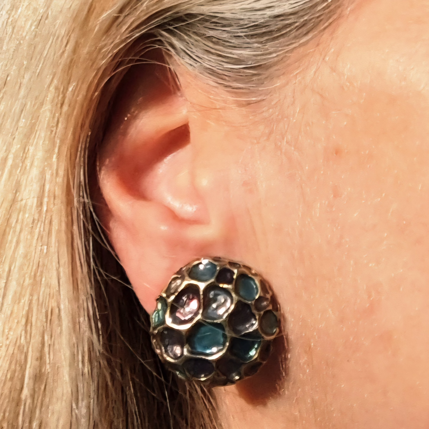 Clips Vintage Alvéoles Vénitiennes  Émail Turquoise & Or Années 60-70