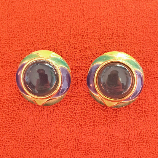 Clips d’oreilles vintage Cabochon bleu et émail multicolore
